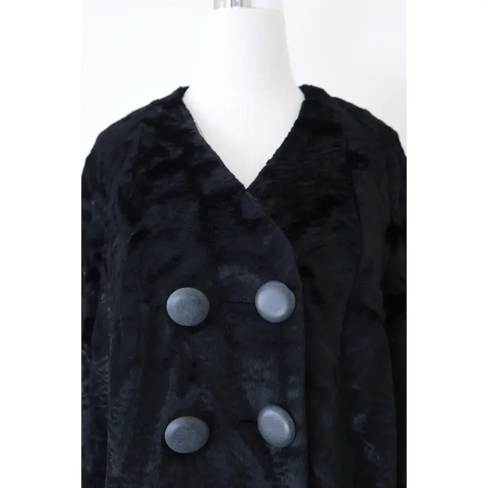 Vintage 1960s Styled By Winter Size L Faux Fur Teddy Coat Double Breasted Black